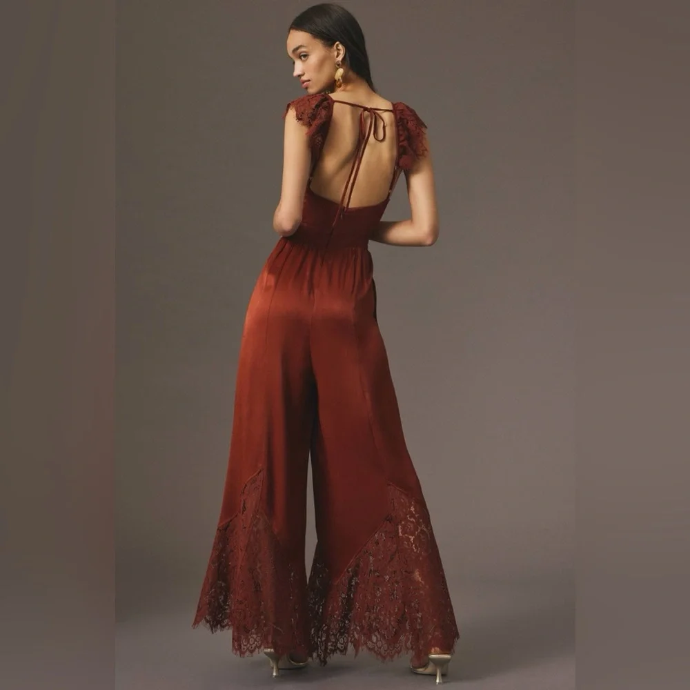 By Anthropologie Lace Mix Jumpsuit red rusty brown 2 - Picture 1 of 10